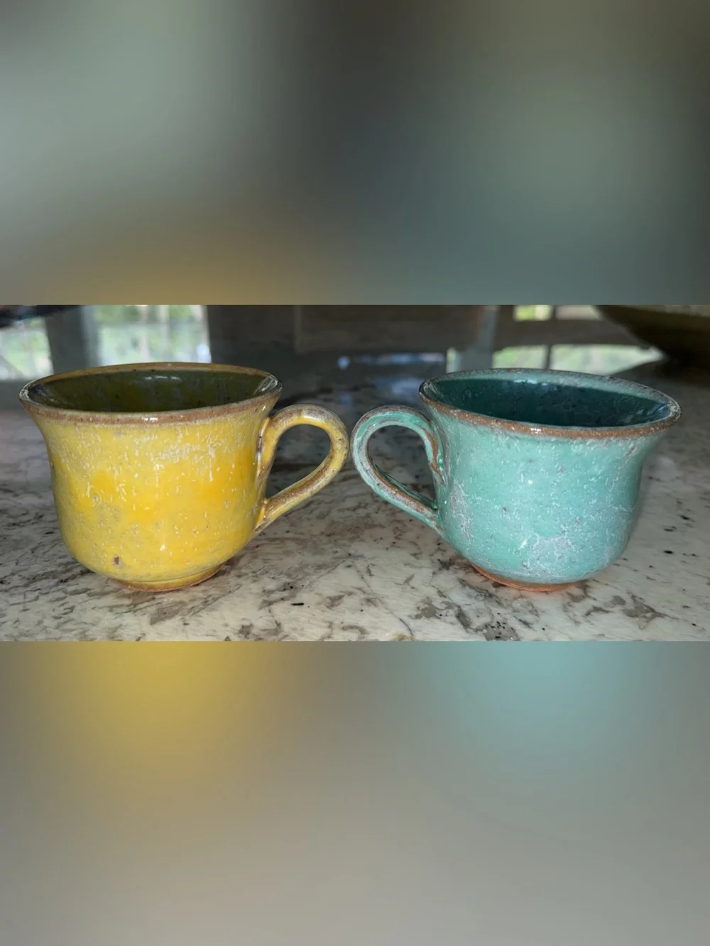 POTERIES DE LA VALLEE NOIRE FRANCE ARTISAN MADE MUG SET - Yellow & Turquoise
